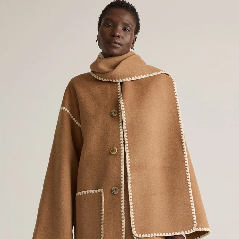 Quince Tan Wool Coat with Cream Trim